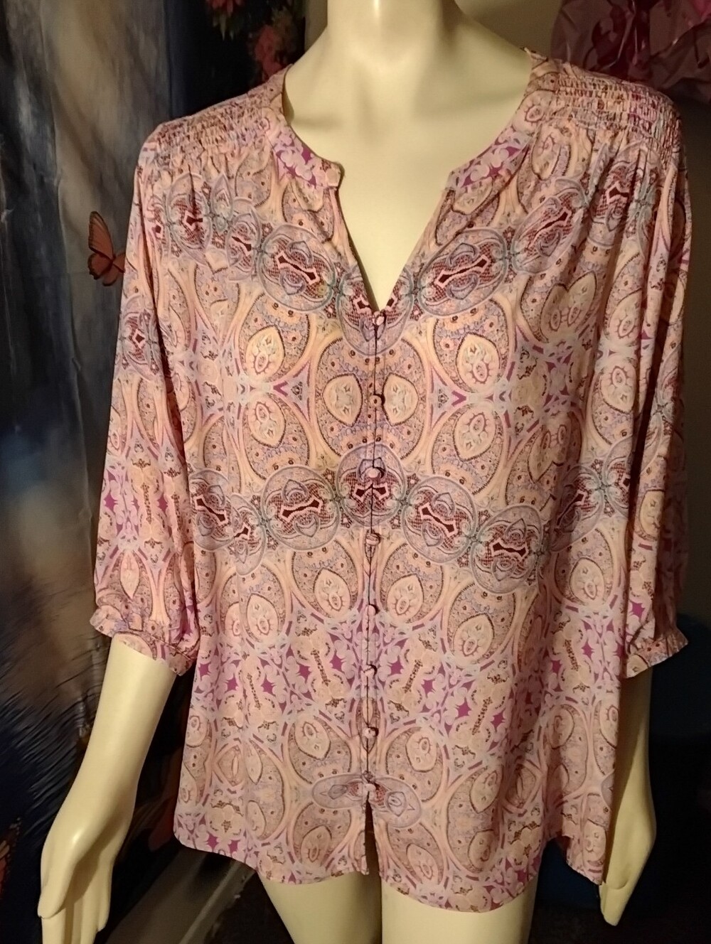 Rose + Olive 3/4 Sleeve Colorful Lightweight Top Blouse Women's Size 1X XL